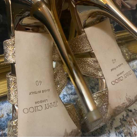 Authentic Jimmy Choo gold glitter zip up metallic sequin stiletto heels size 40 - Picture 4 of 10